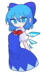  1girl bangs blue_bow blue_dress blue_eyes blue_hair bow breasts cirno collared_shirt dress fairy_wings flat_chest hair_bow highres ice ice_wings long_dress neck_ribbon op_na_yarou pinafore_dress puffy_short_sleeves puffy_sleeves red_ribbon ribbon shirt short_hair short_sleeves simple_background small_breasts solo touhou white_background white_shirt wings 
