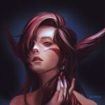  1girl bangs bare_shoulders black_background gradient gradient_background hair_over_one_eye highres league_of_legends linp_(chenni_shenlin) long_hair looking_at_viewer portrait red_lips redhead shiny shiny_hair solo teeth translation_request xayah 