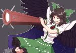 1girl ahoge arm_cannon bangs bird_wings black_background black_hair black_wings bow breasts cape center_frills frilled_skirt frills green_bow green_skirt hair_bow kakone large_breasts one_eye_closed open_mouth ponytail red_eyes reiuji_utsuho shirt short_sleeves simple_background skirt smile solo starry_sky_print third_eye touhou weapon white_cape white_shirt wings 