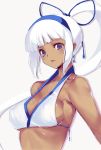  bare_shoulders bikini_top blue_eyes breasts cleavage dark_skin erect_nipples hairband highres kawata_hisashi long_hair majikina_mina ponytail ribbon samurai_spirits sideboob snk solo white_hair 