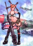  airplane bikini boots breasts cleavage cloud elbow_gloves front-tie_top gloves green_eyes gun highres mc_nozuato orange_hair p-40 short_hair swimsuit thigh-highs thighhighs weapon wild_flower yamashita_shun'ya yamashita_shunya 