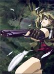  blonde_hair earring feathers fingerless_gloves gun jacket long_hair madlax madlax_(character) margaret_burton pistol shorts sleeping violet_eyes weapon 