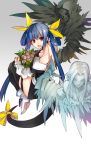  1girl asymmetrical_wings bare_shoulders blue_hair boots bouquet bow breasts choker cleavage dizzy flower guilty_gear hair_bow highres long_hair masin0201 navel necro red_eyes ribbon rose sitting skull solo tail tail_ribbon thigh-highs twintails undine wings 