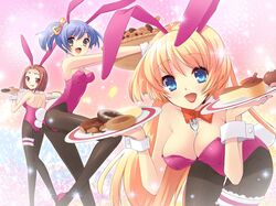  animal_ears ass between_breasts breasts bunny_ears bunny_girl bunnysuit cleavage flyable_heart fork game_cg garter high_heels highres ito_noizi itou_noiji large_breasts multiple_girls pantyhose rabbit_ears shoes unisonshift 