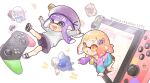  2girls aqua_jacket bangs black_shorts chibi fang floating hair_ornament hand_up hat inkling inkling_girl jacket long_sleeves multiple_girls nintendo_switch nintendo_switch_pro_controller open_mouth orange_eyes orange_hair pink_jacket purple_hair purple_headwear short_shorts shorts splatoon_(series) star_(symbol) star_hair_ornament star_in_eye sweater symbol_in_eye tambarin_inoue violet_eyes white_background white_sweater zipper 