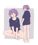  1boy blue_hair border closed_eyes earrings facing_to_the_side facing_viewer fang full_body highres hiiragi_jun jewelry looking_down male_focus multicolored_hair onegai_my_melody potti-p purple_background purple_hair purple_shirt purple_shorts shirt short_hair short_sleeves shorts sitting sketch solo violet_eyes white_border 