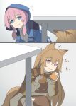  2girls :t ? animal_ears arknights bangs blue_eyes blue_jacket blue_poison_(arknights) brown_hair brown_shirt brown_thighhighs ceobe_(arknights) closed_mouth collared_shirt dog_ears dog_girl dog_tail dress_shirt eating food food_on_face hair_between_eyes hair_over_shoulder highres holding holding_food hood hood_up hooded_jacket jacket long_hair long_sleeves low_twintails multiple_girls open_clothes open_jacket pink_eyes pink_hair puffy_long_sleeves puffy_sleeves shirt table tail thigh-highs twintails very_long_hair wavy_mouth white_shirt yokaze_(yokajie) 