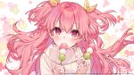  1girl bangs blush bow commentary_request dango flower food hair_bow hanagata holding holding_food long_hair looking_at_viewer momoi_airi official_art pink_eyes pink_flower pink_hair pink_theme project_sekai ribbed_sweater sanshoku_dango solo sweater turtleneck turtleneck_sweater two_side_up upper_body wagashi white_sweater yellow_bow yellow_flower 