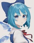  1girl :/ bangs blue_bow blue_dress bow cirno closed_mouth dress grey_background hair_bow highres ice ice_wings ikasoba looking_at_viewer neck_ribbon pinafore_dress puffy_short_sleeves puffy_sleeves red_ribbon ribbon short_sleeves simple_background solo touhou upper_body v-shaped_eyebrows wings 