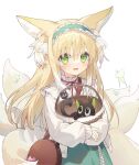  1girl :d animal animal_ear_fluff animal_ears arknights bag bangs basket black_cat blonde_hair cat commentary_request fox_ears fox_girl fox_tail frilled_hairband frills green_hairband green_skirt hair_between_eyes hairband highres jacket long_hair long_sleeves looking_at_viewer multicolored_hair neck_ribbon object_hug open_clothes open_jacket puffy_long_sleeves puffy_sleeves red_ribbon ribbon shirt shoulder_bag simple_background skirt sleeves_past_wrists smile solo suzuran_(arknights) suzuran_(spring_praise)_(arknights) tail two-tone_hair two_side_up very_long_hair white_background white_hair white_jacket white_shirt yunweishukuang 