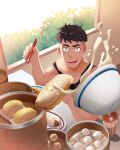  1boy black_hair black_tank_top bowl chopsticks cup day disposable_cup drinking_straw eric_(gaydio_zrong) facial_hair food gaydio_zrong highres holding holding_chopsticks indoors male_focus open_mouth original short_hair solo stubble tank_top undercut window 