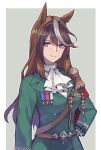  1girl animal_ears ascot belt border brown_hair buttons closed_mouth double-breasted earrings epaulettes green_jacket hand_on_hip horse_ears horse_girl jacket jewelry kusanagi_kaoru long_hair long_sleeves looking_at_viewer medal military military_uniform multicolored_hair sam_browne_belt single_earring single_epaulette solo streaked_hair symboli_rudolf_(umamusume) umamusume uniform very_long_hair violet_eyes white_ascot white_border 