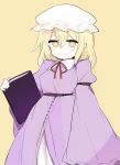  1girl 76gpo bangs blonde_hair book closed_mouth dress hat highres holding holding_book juliet_sleeves long_sleeves looking_at_viewer maribel_hearn mob_cap one-hour_drawing_challenge puffy_sleeves purple_dress short_hair simple_background solo touhou white_headwear wide_sleeves yellow_background yellow_eyes 