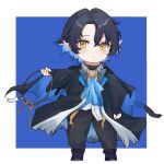  1boy :&lt; arknights bangs black_cape black_hair black_pants blue_background blue_cape blue_footwear blue_hair blush cape chibi closed_mouth collared_shirt dress_shirt full_body hair_between_eyes highres holding key keyring long_sleeves lumen_(arknights) male_focus multicolored_hair pants parted_bangs pointy_ears shirt shoes shukey64325 solo standing two-tone_background two-tone_hair white_background white_shirt yellow_eyes 