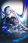  1boy absurdres androgynous arknights bishounen blue_hair full_body hair_ornament hairclip highres hood hoodie looking_at_viewer male_focus mizuki_(arknights) poifree reflecting_pool reflection short_hair solo spotlight squatting violet_eyes water 