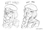  1girl aia_amare beret bow braid choker compass english_commentary glasses greyscale hair_ornament hat highres looking_at_viewer monochrome necryonics nijisanji nijisanji_en sailor_collar semi-rimless_eyewear sketch smile twitter_username virtual_youtuber white_background 