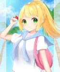  1girl backpack bag bangs banned_artist blonde_hair blue_sailor_collar blurry closed_mouth clouds commentary_request day green_eyes hand_up highres holding holding_poke_ball lillie_(pokemon) long_hair outdoors palm_tree pink_bag poke_ball poke_ball_(basic) pokemon pokemon_(game) pokemon_sm ponytail sailor_collar shirt short_sleeves sky smile solo takahara tree upper_body white_shirt 