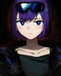  1girl andreana_(arknights) arknights black_background black_shirt blue_eyes bright_pupils collarbone fur_trim goggles goggles_on_head highres looking_at_viewer portrait purple_hair shirt short_hair simple_background solo white_pupils zhili_xingzou 