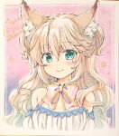  1girl animal_ear_fluff animal_ears bare_shoulders bow breasts fox_ears fox_girl green_eyes highres light_brown_hair long_hair medium_breasts minami_kawa off-shoulder_shirt off_shoulder original puffy_short_sleeves puffy_sleeves shirt short_sleeves signature smile traditional_media wavy_hair 