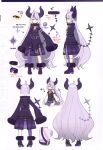 1girl absurdres ahoge ankle_cuffs bangs blush boots coat collar cuffs grey_hair high_heel_boots high_heels highres hololive horns la+_darknesss long_hair looking_at_viewer metal_collar mishima_kurone multicolored_hair multiple_views pointy_ears purple_coat purple_footwear reference_sheet scan simple_background single_thighhigh sleeves_past_fingers sleeves_past_wrists standing streaked_hair striped_horns tail thigh-highs very_long_hair virtual_youtuber yellow_eyes 