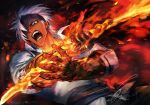  1boy absurdres alphen_(tales) broken_mask brown_gloves burnt_clothes dark-skinned_male dark_skin fire flame flaming_sword flaming_weapon gloves half_mask highres mask nukegara102 open_clothes open_collar open_mouth open_shirt spiky_hair sword tales_of_(series) tales_of_arise weapon white_hair wide-eyed 
