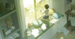  1boy black_hair blanket blue_shorts blurry book chair chinese_commentary commentary_request highres male_child male_focus marker original paper pillow poster_(object) sandals seiza shorts sitting solo stuffed_fox table window zzzi_gn 