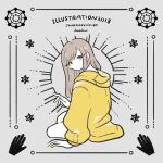  1girl 2018 bangs brown_hair from_behind hood hood_down hooded_jacket illustration.media jacket long_hair original shiodaifuku sitting solo yellow_jacket yellow_nails 