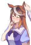  1girl animal_ears bangs brown_hair closed_eyes closed_mouth ear_fondling earrings hand_on_own_face holding_ear horse_ears horse_girl jewelry kusanagi_kaoru long_hair multicolored_hair puffy_short_sleeves puffy_sleeves purple_serafuku school_uniform serafuku short_sleeves simple_background single_earring streaked_hair symboli_rudolf_(umamusume) tracen_school_uniform umamusume white_background 