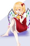  1girl absurdres ascot barefoot blonde_hair flandre_scarlet foot_out_of_frame frilled_skirt frills hair_between_eyes hand_on_own_leg highres looking_at_viewer medium_hair multicolored_wings nail_polish no_headwear open_mouth pointy_ears puffy_short_sleeves puffy_sleeves red_eyes red_nails red_skirt red_vest shirt short_sleeves side_ponytail simple_background skirt skirt_set solo sugarplus teeth touhou vest white_shirt wings yellow_ascot 