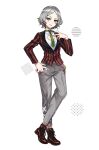 1girl bangs cleavage_cutout clothing_cutout denonbu earrings green_eyes grey_hair haijima_ginka jacket jewelry long_sleeves looking_at_viewer mika_pikazo necktie official_art open_mouth pants shoes short_hair smile sneakers solo