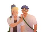  2boys bag black_tank_top blonde_hair blue_hair closed_eyes food food_on_face gaydio_zrong glasses holding holding_food ice_cream ice_cream_cone male_focus multiple_boys open_clothes open_mouth open_shirt original shared_food shirt short_hair shoulder_bag simple_background tank_top tongue tongue_out undercut white_background white_shirt 