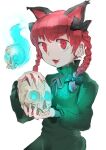  1girl absurdres animal_ears blue_fire bow braid cat_ears dress fang fire green_dress hair_bow hakonnbo highres hitodama holding holding_skull kaenbyou_rin long_sleeves multiple_tails red_eyes redhead skull solo tail touhou twin_braids 
