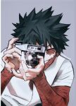  1boy absurdres artist_name black_hair boku_no_hero_academia burn_scar camera cheek_piercing closed_eyes commentary dabi_(boku_no_hero_academia) grin highres holding holding_camera male_focus multiple_scars scar scar_on_arm scar_on_face sharl0ck shirt smile solo spiky_hair symbol-only_commentary taking_picture upper_body white_shirt 
