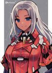  1girl absurdres blue_eyes breasts closed_eyes closed_mouth dark-skinned_female dark_skin elma_(xenoblade_x) forehead grey_background grey_hair haruto_yuki highres long_hair looking_at_viewer looking_back medium_breasts military military_uniform outside_border pillarboxed simple_background smile solo twitter_username underbust uniform upper_body xenoblade_chronicles_(series) xenoblade_chronicles_x 
