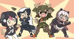  4girls :d animal_ears arm_up aurochs_(kemono_friends) badger_ears badger_tail bangs bird_girl bird_tail bird_wings black_hair boots brown_eyes brown_hair brown_pantyhose camouflage camouflage_shirt camouflage_skirt chibi clenched_hand clenched_hands collared_shirt cow_ears cow_girl cow_horns cow_tail cropped_shirt elbow_gloves extra_ears feet_out_of_frame fingerless_gloves fist_in_hand full_body gloves greater_honeyguide_(kemono_friends) green_hair grey_hair grin hands_up head_wings horns jacket jacket_on_shoulders kemono_friends layered_sleeves leaning_forward long_hair long_sleeves looking_afar looking_at_another looking_at_viewer medium_hair midriff miniskirt multicolored_hair multiple_girls navel necktie open_clothes open_jacket open_shirt outstretched_arm outstretched_hand own_hands_together pantyhose pink_hair pleated_skirt pose print_shirt print_skirt ratel_(kemono_friends) shirt shoes short_over_long_sleeves short_sleeves skirt smile squiggle srd_(srdsrd01) standing stomach tail tan thigh_boots two-tone_hair undershirt v-shaped_eyebrows very_long_hair white_eyes white_hair wing_collar wings wolverine_(kemono_friends) zettai_ryouiki 