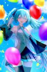  1girl :d balloon bangs black_skirt black_sleeves black_thighhighs blue_eyes blue_hair blue_necktie breasts collared_shirt commentary cowboy_shot detached_sleeves diandao_qin dress_shirt english_commentary floating_hair grey_shirt hair_between_eyes hatsune_miku headphones headset highres long_hair long_sleeves looking_at_viewer microphone miniskirt necktie open_mouth pleated_skirt shiny shiny_hair shirt skirt sleeveless sleeveless_shirt small_breasts smile solo standing thigh-highs thigh_gap twintails very_long_hair vocaloid wing_collar zettai_ryouiki 