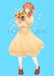  1girl blush bouquet brown_eyes brown_footwear brown_hair commission dress flower full_body highres holding holding_bouquet kazuukarazu looking_at_viewer medium_hair omori pantyhose parted_lips polly_(omori) short_sleeves smile solo sundress sunflower watermark white_pantyhose 