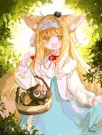 1girl :d animal animal_ear_fluff animal_ears arknights bangs black_cat blonde_hair blue_hairband blue_skirt cat commentary_request food fox_ears fox_girl fox_tail frilled_hairband frills fruit green_eyes hairband hand_up high-waist_skirt highres holding holding_food jacket long_hair long_sleeves multicolored_hair neck_ribbon on_head plant puffy_long_sleeves puffy_sleeves red_ribbon ribbon shirt signature skirt smile solo strawberry suzuran_(arknights) suzuran_(spring_praise)_(arknights) tail two-tone_hair very_long_hair white_hair white_jacket white_shirt wuliuqibagui