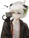  1boy 5795648508 absurdres animal animal_ears animal_on_shoulder arknights bishounen black_cat cat chinese_clothes english_text green_eyes highres luoxiaohei male_focus simple_background solo the_legend_of_luo_xiaohei upper_body white_background white_hair 