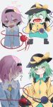  +_+ 2girls ? bangs black_hairband black_headwear blouse blue_shirt blush boots bow breasts buttons chibi closed_mouth collared_shirt crystal frills full_body green_eyes green_hair green_skirt grey_footwear hair_between_eyes hairband hands_on_own_face hands_up hat hat_bow heart heart_of_string highres jewelry komeiji_koishi komeiji_satori long_sleeves looking_at_another looking_away looking_to_the_side medium_breasts multiple_girls open_mouth pink_hair pink_skirt shirt short_hair siblings simple_background sisters skirt smile standing star_(symbol) sweat sweatdrop teeth third_eye tongue touhou tsune_(tune) white_background wide_sleeves yellow_bow yellow_shirt 