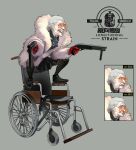  1girl black_skirt chinese_commentary commentary_request dual_wielding full_body fur_coat girls_frontline gloves grey_background grey_hair grin gun highres holding holding_gun holding_weapon lin+ mama_luba_(girls&#039;_frontline) official_art old old_woman on_chair open_mouth pantyhose red_gloves serbu_super-shorty shoes shotgun skirt smile solo spoilers squatting sunglasses weapon wheelchair wrinkled_skin 