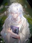  1boy bandaged_hand bandages bishounen blood blood_on_clothes blue_eyes book haidiwuli highres holding holding_book i_became_a_god_in_a_horror_game jing_feng male_focus messy_hair solo wavy_hair white_hair 