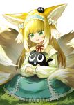  1girl 9_vcat :d absurdres animal animal_ear_fluff animal_ears arknights bangs black_cat blonde_hair blue_hairband blue_skirt cat commentary_request fox_ears fox_girl fox_tail frilled_hairband frills grass green_eyes hairband highres long_hair long_sleeves multicolored_hair puffy_long_sleeves puffy_sleeves shirt simple_background skirt smile solo suzuran_(arknights) tail two-tone_hair very_long_hair white_background white_hair white_shirt 