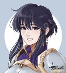  1girl armor bangs black_hair cm_lynarc commission earrings fire_emblem fire_emblem_heroes grin happy highres jewelry larcei_(fire_emblem) looking_at_viewer popped_collar short_hair simple_background smile tomboy violet_eyes 