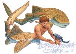  1boy animal artist_name body_markings brown_eyes brown_hair carpet_shark colored_skin dorsal_fin english_commentary english_text fins full_body gills hands_up head_fins highres looking_at_animal male_focus merman mondoart1 monster_boy multicolored_skin open_mouth original pointy_ears reaching shark shark_boy short_hair simple_background solo very_short_hair watermark white_background white_skin yellow_skin 