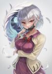  1girl blush dress feathered_wings grey_hair grey_jacket haruno_(kuromitugozen) highres jacket kishin_sagume long_sleeves mask mouth_mask open_clothes open_jacket open_mouth purple_dress red_eyes short_hair single_wing solo touhou white_wings wings 