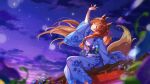  1girl animal_ears arm_up blue_flower blue_kimono blue_sky blurry blurry_foreground braid brown_hair evening floral_print flower fox_ears fox_girl fox_tail fumi_(nijisanji) gradient_sky japanese_clothes kimono lens_flare long_hair long_sleeves nijisanji obi piroshiki123 print_kimono purple_flower sash shiny shiny_hair sitting sky solo tail virtual_youtuber wide_sleeves 