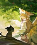  1girl :d alternate_hairstyle animal_ears arknights basket black_cat blonde_hair blue_hairband cat dress fox_ears fox_girl fox_tail frilled_hairband frills green_eyes hairband highres kitsune long_hair multicolored_hair multiple_tails open_mouth smile solo streaked_hair suzuran_(arknights) tail white_dress white_hair zhili_xingzou 