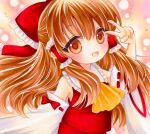  1girl :d ascot bow brown_eyes brown_hair detached_sleeves frilled_bow frilled_shirt_collar frills hair_between_eyes hair_bow hakurei_reimu head_tilt highres long_hair looking_at_viewer marker_(medium) open_mouth red_bow red_ribbon red_shirt ribbon ribbon-trimmed_sleeves ribbon_trim shirt simple_background sleeveless sleeveless_shirt smile solo touhou traditional_media upper_body v wide_sleeves yellow_ascot yuuki_hana_(jtnp5334) 