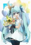  1girl absurdres bag black_bow black_ribbon black_skirt black_thighhighs blue_eyes blue_hair bouquet bow collarbone cowboy_shot dress hair_between_eyes hair_bow hatsune_miku highres holding holding_bouquet long_hair looking_at_viewer miniskirt mizuha_(251572640) neck_ribbon open_mouth pleated_skirt ribbon short_dress short_sleeves skirt skirt_under_dress solo standing thigh-highs twintails very_long_hair vocaloid white_dress 